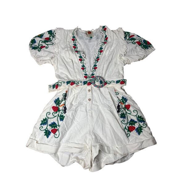 Farm Rio Cross Stitch Tucan Embroidery Romper Women Size Large